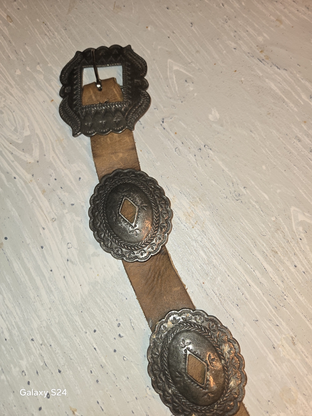 Western Concho Leather Belt in Brown with Pewter Adrienne Teeguarden 2001 Sz M - Picture 2 of 10